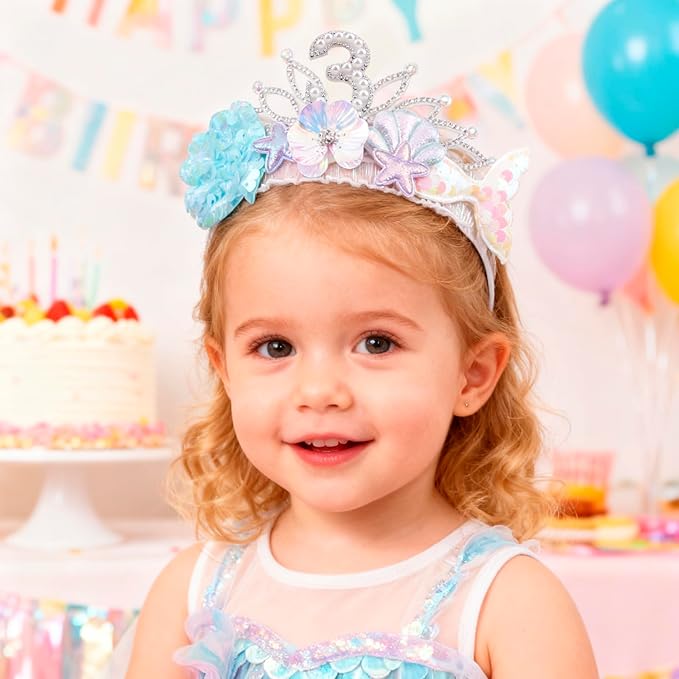 cherrboll Baby Girl Birthday Crown Floral Headband, Soft Flower Head Wrap Tiara Hairband for 1-3 Years Old Toddlers Kids 3rd Birthday Party Dress Photo Decoration