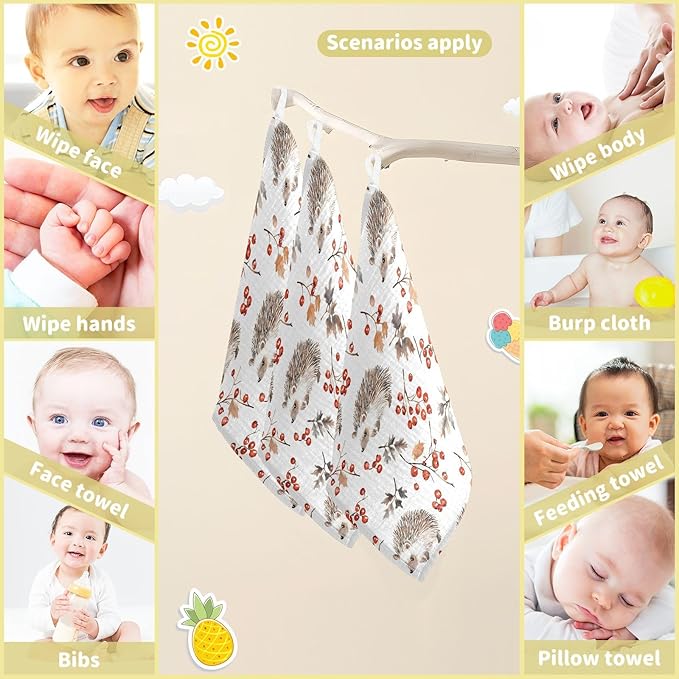 vvfelixl Baby Muslin Washcloths Forest Hedgehog Baby Burp Cloths Cotton Babys Face Towel for Newborn Infants Boys Girls Soft and Absorbent 11.8 X 11.8 in, 3 Pack