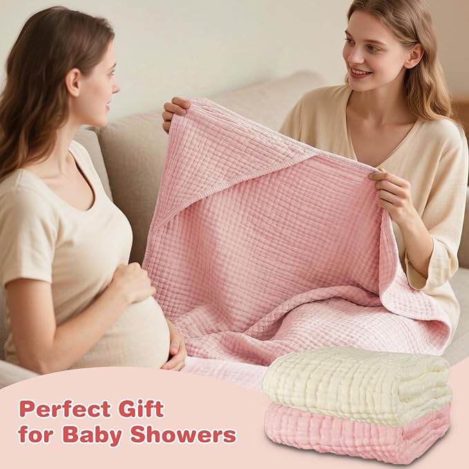 Hooded Baby Bath Towels for Newborn, 2 Pack - 6-Layer 100% Muslin Cotton, Soft Absorbent Baby Towels with Hood for Babies, Infants & Toddlers, Large 32x32 Inch Unisex Newborn Baby Bath Essentials
