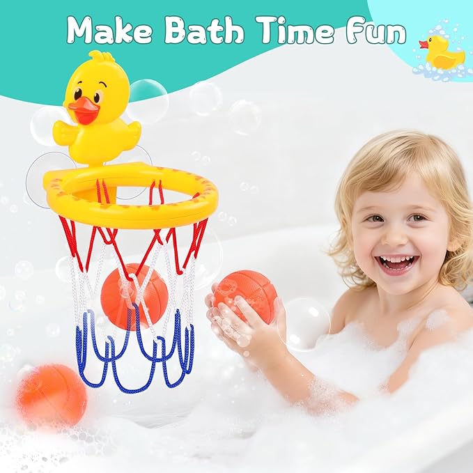 Bath Toys, Bathtub Basketball Hoop for Toddler Kids, 3 Soft No Hole Balls & Bath Basketball Hoop with Strong Suction Cup, Yellow Duck Baby Shower Bath Toys Set for Boys and Girls