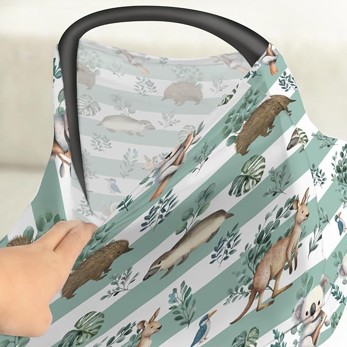 Australian Animals Tropical Leaves Car Seat Cover for Baby Koala Green Stripes Stretchy 5-in-1 Covers Adjustable Car Canopy Breastfeeding Cover Native Australia Breathable Nursing Cover-Up