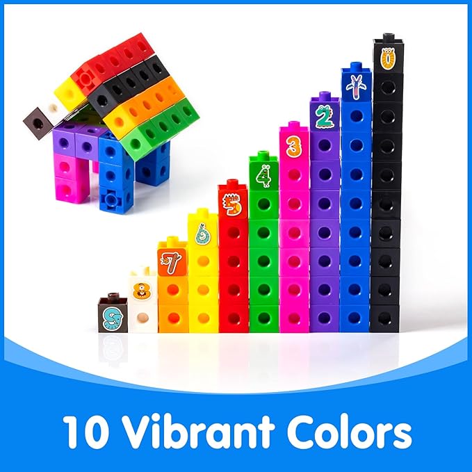100 Pcs Math Linking Cubes with 384 Cartoon Stickers - STEM Counting Cubes & Math Manipulatives for Kids, Learning Activities for Kindergarten & Elementary School