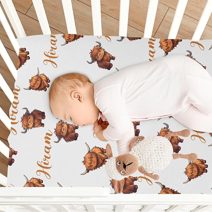 Personalized Monogram Name Mini Crib Sheet for Baby Girls Boys, Customized Highland Cow Cattle Pack and Play Sheets, Multiuse Sheet for Pack & Play, Playard, Playpen, Mini Crib Mattress