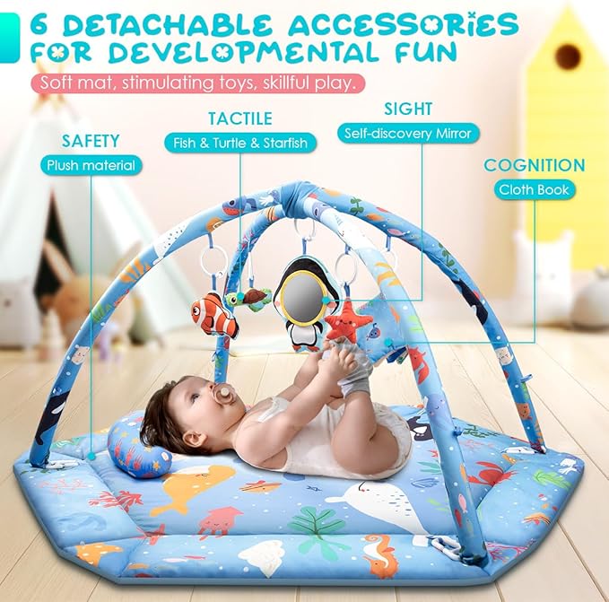 lulunemo Baby Play Mat,Tummy Time Mat with 6 Detachable Toys-Activity Gym for Visual, Auditory & Motor Development-Washable Baby Activity Mat for 0-12 Month Infants(Ocean)