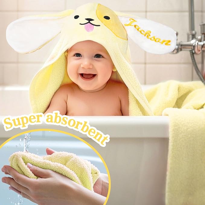 Custom Hooded Baby Towels with Name, Personalized Bunny Easter Gifts for Toddlers, Custom Baby Bath Towels for Newborn, Ultra Soft and Absorbent, Ideal for Girl Boy (Dog)