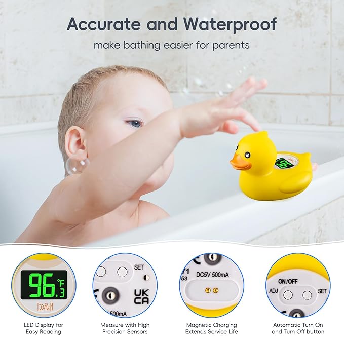 b&h Baby Bath Thermometer - USB Rechargeable, Instant & Accurate Temperature Readings, Waterproof, Digital Water Temperature Monitor for Newborns & Toddlers (Classic Charging Duck)