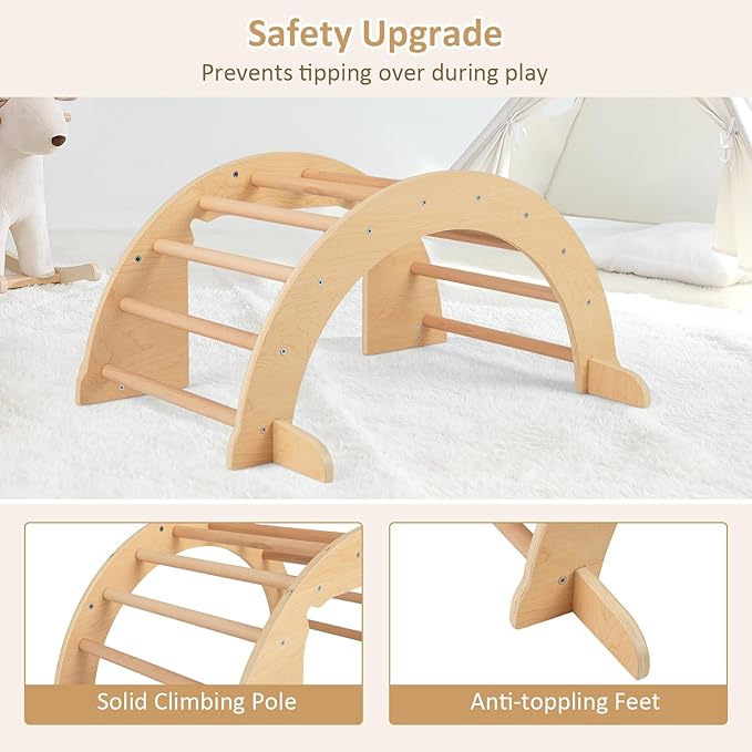 INFANS Wooden Arch Climber Rocker with Soft Cushion, 6 in 1 Montessori Climbing Toys for Toddlers, Waldorf Indoor Table Baby Children Ladder Gym Learning Playset Gift for Kids Boys Girls (Natural)