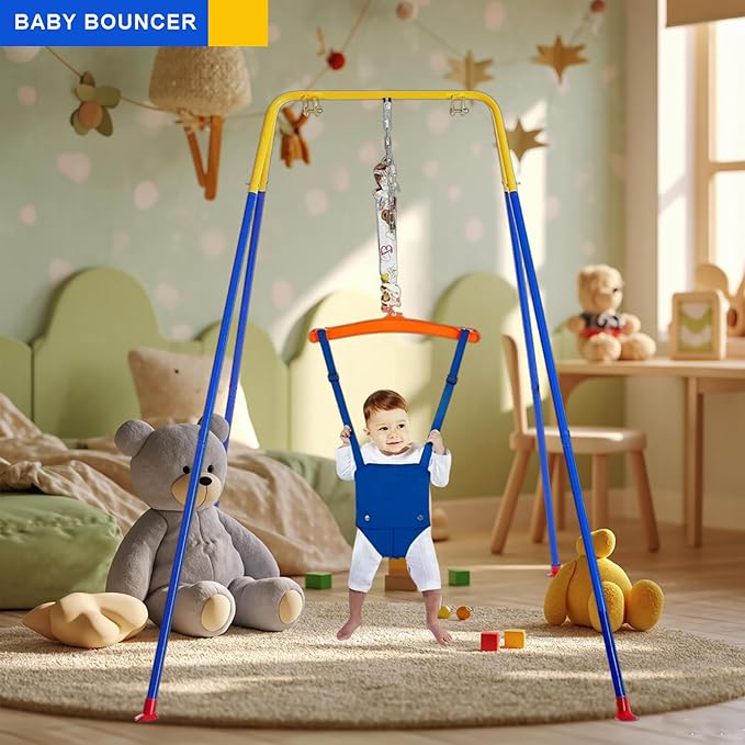 Baby Jumper Set with Hanging Shelf Adjustable Toddler Baby Bouncer Baby Toys… (Blue2#)