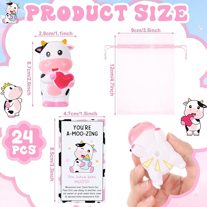 Jenaai 50 Sets Cute Rubber Cow Gifts Set Include Squeak Floating Cows Moo Moo Cards Organza Bags Rubber Animal Figures Bathtub Toy for Employee Baby Shower Bulk