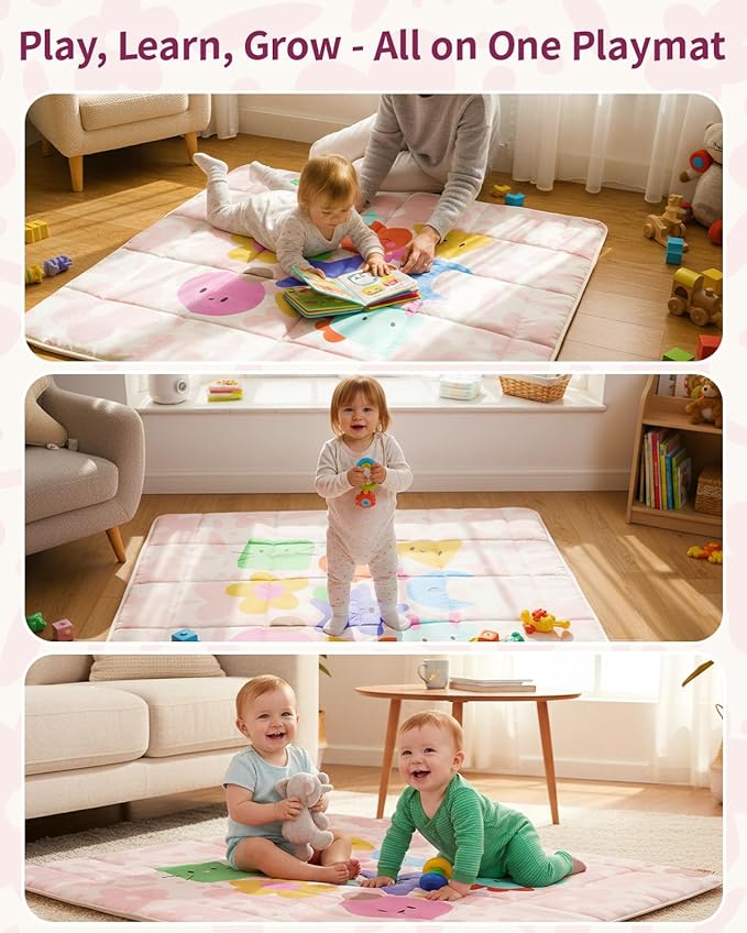 Baby Play Mat, Foldable Play Mats for Floor, 50x50 Inches Crawling Mat for Playpen with Anti-Slip Bottom, Machine Washable, Thicken Padding Foam Playmats for Babies and Toddlers (Pink Floral)