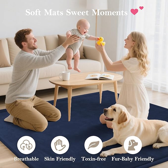Baby Play Mat for Floor, 1.3" Thick Extra Large Cushioning Memory Foam Playpen Cushion, Soft Coral Velvet Tummy Time Mat with Non-Slip Backing, Child Nursery Rug for Toddlers, Kids (Dark Blue, 79X59)