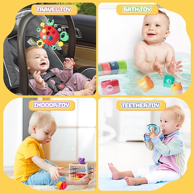 YOOYID 5 in 1 Baby Toys 6 to 12 to 18 Months, Montessori Toy for Babies 6-12 Months, Gifts for 1 Year Old, Sensory Toys for Babies, Baby Tissue Box, Stacking Cups, Shape Sorter Cube