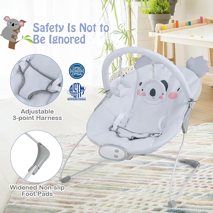 HONEY JOY Baby Bouncer, Portable Infant Newborn Rocker & Stationary Seat w/Soothing Vibrations, Removable Bar, Music, Safety Harness, Bouncer Seat for Babies 0-6 Months up to 20 lbs, Gray Koala