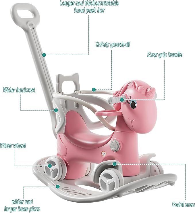 Runboll 4 in 1 Rocking Horse for Toddlers, Baby Rocking Toy with Push Handle, Backrest & Detachable Balance Board, Riding Horse Toy for Baby Girl and Boy, 1-3 Years Old Kids Riding Birthday