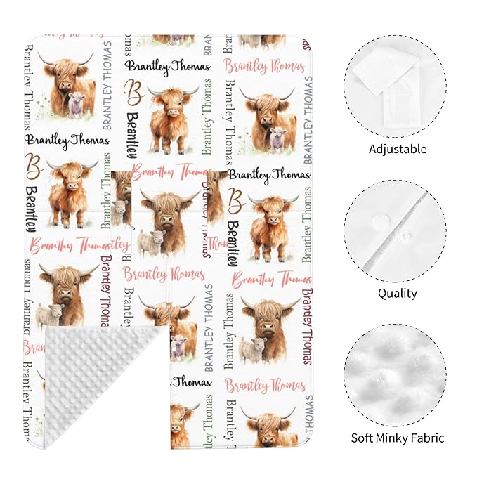 Personalized Baby Car Seat Canopy with Name Custom Minky Highland Cow Car Seat Covers Nursing Cover for Breastfeeding Multi-Use Cover Infant Carrier Carseat Winter Cover for Newborn Girls Boys