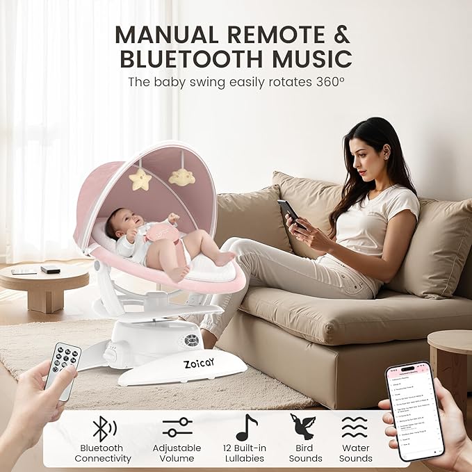 3-in-1 Baby Swing for Infants to Toddler, Infant Swing with 5 Speeds & 3 Swing Modes, 12 Lullabies, Electric Swing for Baby, Up to 25 lbs, Pink