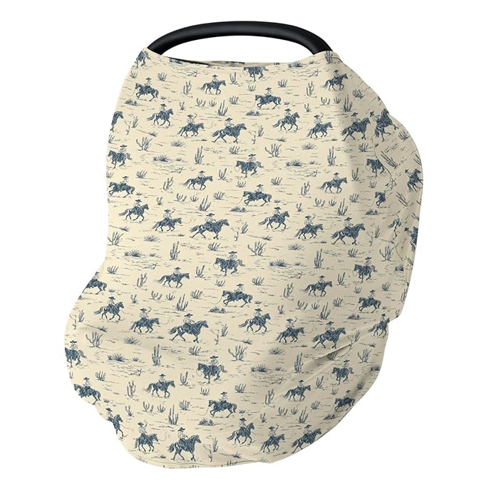 Vintage Western Cowboy Baby Car Seat Covers Retro Cowboy Cactus Horse Stretchy 5-in-1 Cover Adjustable Infant Carseat Canopy Cover Wild Desert Country Breathable Nursing Cover-Up