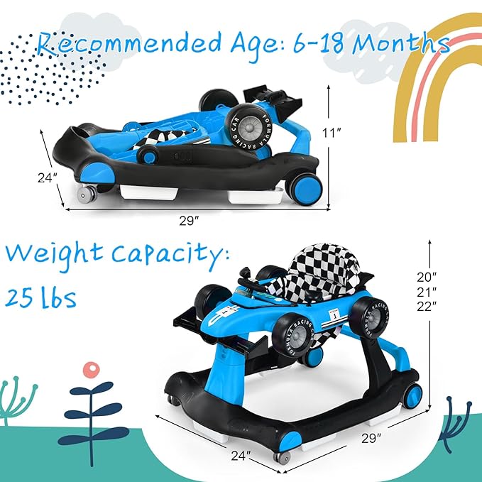 S AFSTAR 5-in-1 Baby Walker, Foldable Activity Car Walker with Adjustable Height Seat and Speed, Noiseless Smooth Wheels, Music & Light, Anti-Rollover, for Boys Girls 6-18 Months