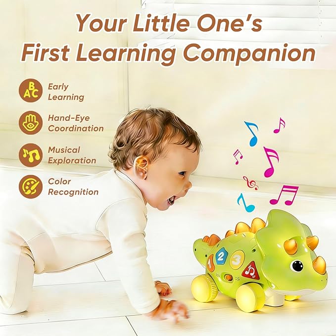 Dinosaur Baby Musical Toys, Dinosaur Tummy Time Toy with Musical for Kids, Early Learning Educational Crawling Toys Gifts for Toddlers Ages 1-3.