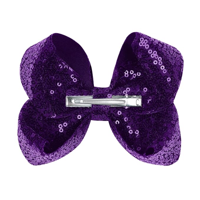 6 Inch Dark Purple Sparkly Glitter Sequin Hair Bows for Girls Toddlers Kids Children Teenage (2PCS)