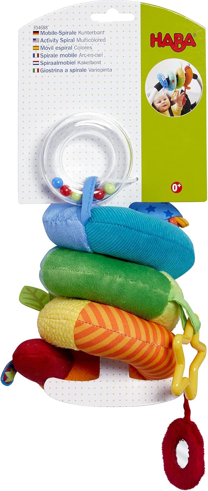 HABA Rainbow Activity Spiral Car Seat Toy and Stroller Toys for Baby 0-18 Months - Colorful Baby Travel Toy with Rattle Teething Element and Sensory Activities