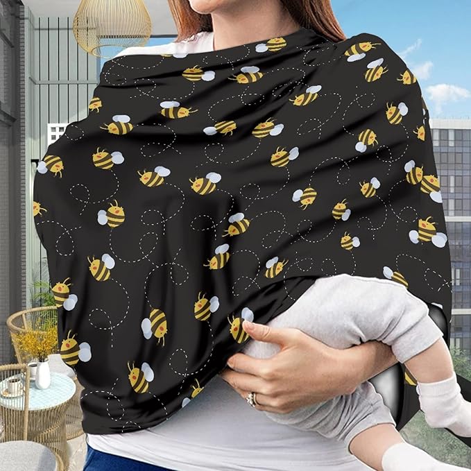 Wanyint Bee Print Car Seat Covers for Babies Black Baby Car Seat Cover for Boys Girls - Breathable Breastfeeding Scarf Nursing Cover Carseat Canopy for Boys Girls