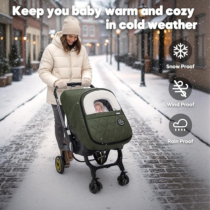 Winter Baby Car Seat Cover, Waterproof, Windproof Warm Winter Car Seat Cover for Doona Car Seats and Strollers,Fleece Breathable Car Seat Cover Baby with Full Zipper, Green