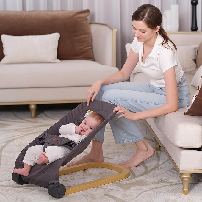 Baby Bouncer,Portable Baby Bouncer Seat & Foldable with 3 Height Adjustments, Ergonomic Bouncer for Babies 0-6 Months, Wood Grain Style, Natural Vibrations, Includes Storage Bag (Mesh Grey)