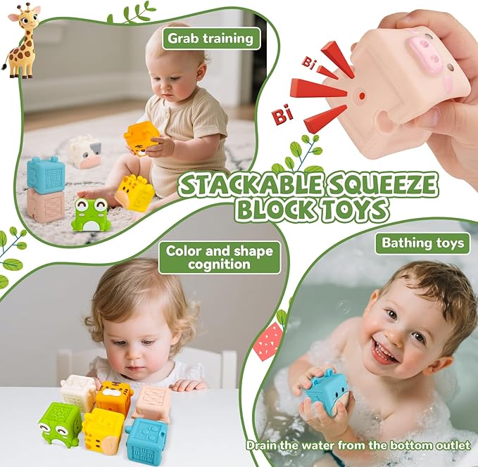 Animal Soft Baby Blocks,Silicone Squeeze Building Blocks Stacking Toys for 6+ Months Babies,Early Learning Touch Education Toys with Numbers Animals Fruits Texture Baby Gifts Easter Basket