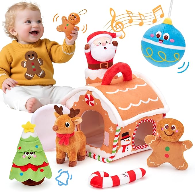 hahaland Baby Toy for 6–12 Months – Musical & Sensory Plush Toy Set with Gingerbread House, Santa, Reindeer & Rattles, Soft Infant Activity Toys, Baby Easter Basket Stuffers