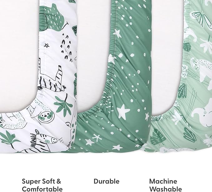 The Peanutshell 3-Pack Fitted Playard Sheets - Soft & Breathable Baby Boy or Girl Mini Crib Sheets, Pack N Play Mattress, Fits Standard Playard Pack Play Mattresses - Green Safari