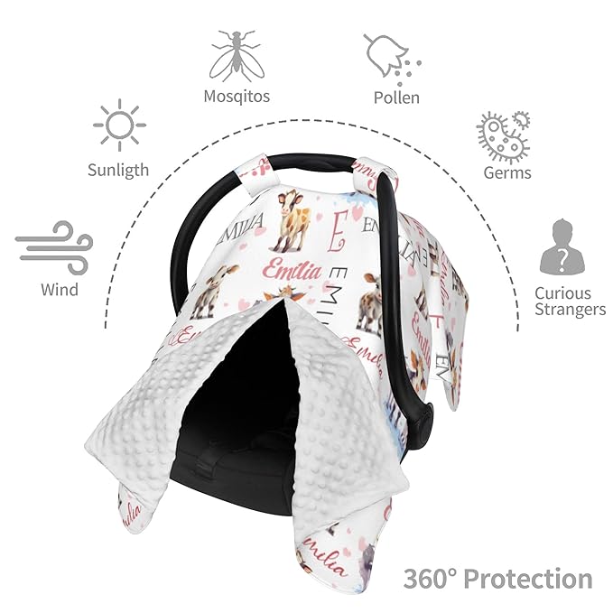 Custom Baby Car Seat Canopy Personalized Car Seat Covers with Name for Baby Boys Girls Customized Cow Nursing Breastfeeding Cover Infant Carseat Canopies Newborn Minky Baby Blanket