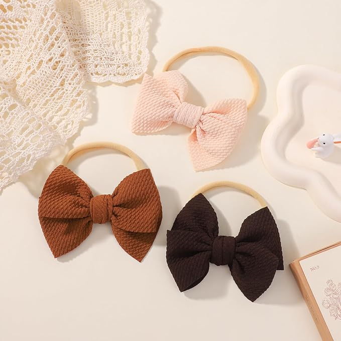 yoyokid 3PCS 4" Baby Girls Bow Headband, Elastic Nylon Hairbands Soft Baby Hairbands with Bows Hair Accessories for Newborn Infant Toddler, Beige Brown Coffee