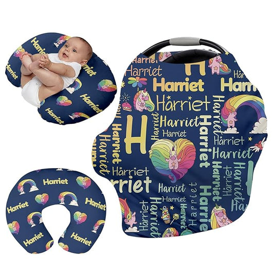 Personalised Car Seat Cover for Girls and Boys - 7 in 1 Navy Horse Print Multipurpose Breast Feeding Cover, Nursing Cover, Grocery Cart Cover - Birthday Gift for Babies(27"x29")