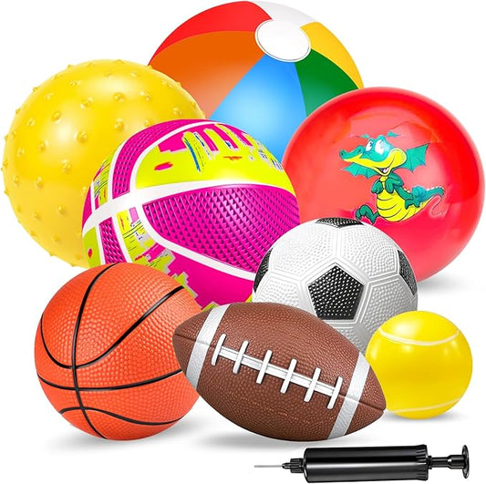 Balls for Toddlers, Toy Balls for Kids, Set of 8 Sport Toys with Pump/Beach Ball/Soccer/Basketball/Tennis/Football/Massage Ball/Rugby/PlaygroundBalls for Indoor Outdoor Party Games
