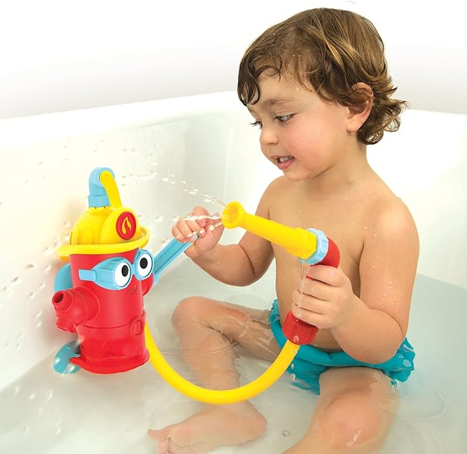 Yookidoo Baby Bath Toddler Toys (Ages 3+) - Ready Freddy Spray ‘N’ Sprinkle Fire Hydrant Bathtime Toy - Includes Hose, Spray Nozzle, Wheel, & Water Gauge - Attach to Any Bath Tub or Shower - Mold Free