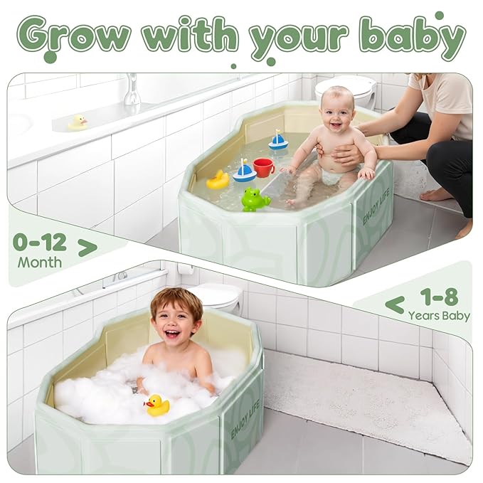 Collapsible Baby Toddler Bathtub for Shower, Portable Foldable Toddler Bath Tub with Non-Slip Base, Compact Travel Essentials for Kids & Infants, Easy Storage in Small Spaces, Green