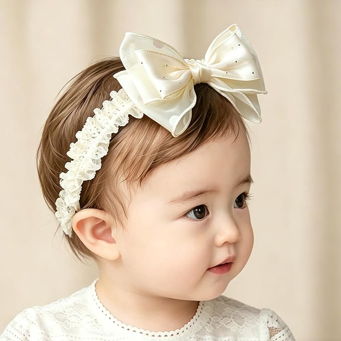 Handmade Baby Girl Headbands in Beige Baby Bows and Floral Lace Headband Bows for Newborns and Toddlers Cute Baby Girl Bows and Newborn Headband Bows