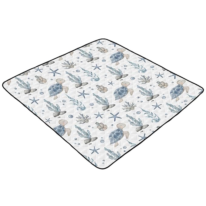 Baby Play Mat Sea Turtle Seashell Starfish 50" X 50" Play Gym Crawling Mat Soft Non-Slip Portable Picnic Floor Mat for Infant, Babies, Toddler, Kids