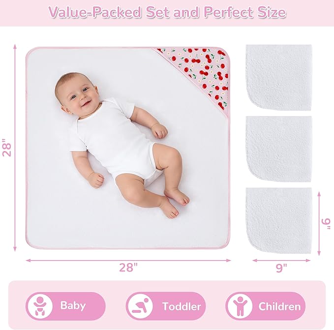 Viviland 6 Pcs Hooded Baby Towels and Washcloths Set, Super Gentle Bath Towels for Newborn Face & Body, Absorbent Wash Cloth for Infants Girls, Pink-Cherry Pattern, 28 x 28 inch