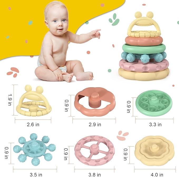 Baby Teething Toys 3-6 Months, Soft Silicone Stacking Rings Teether, 6-Piece Stackable Circles for Teething Relief Safe BPA-Free Teething Gift, Perfect Baby Shower & Birthday Present for Boys & Girls