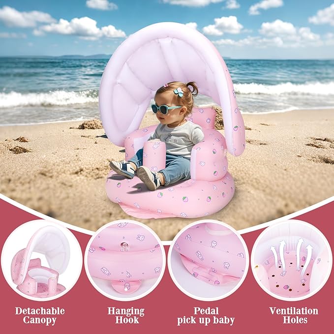 AirSwim Inflatable Baby Seat with Detachable Canopy and Built-in Pump, Inflatable Baby Chair for Babies 3 Months and Up, Sit Me Up Chair for Outdoor Indoor, Bumbo Seat for Infants, Strawberry