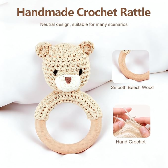 Wooden Baby Rattle, Handmade Crochet Stuffed Animal Organic Rattle Toys, Beige Bear Rattles for Babies 0-6 Months with Wood Teething Rings, Baby Announcements Ideas