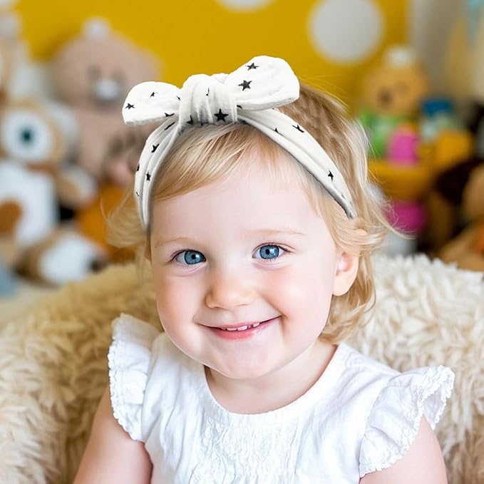 Muslin Cotton Hair Bow Headband, Top Knotted Solid Floral Headwrap for Baby Girls, Newborns, Infants and Toddlers(CJwhiteset)