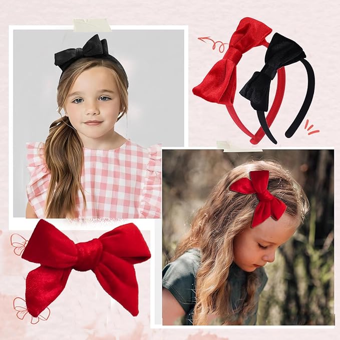 Velvet Bow Headband & 2 Pcs 4 Inch Hair Bows Set, Black School Hair Accessories for Little Toddler School Girls (Velvet Red)