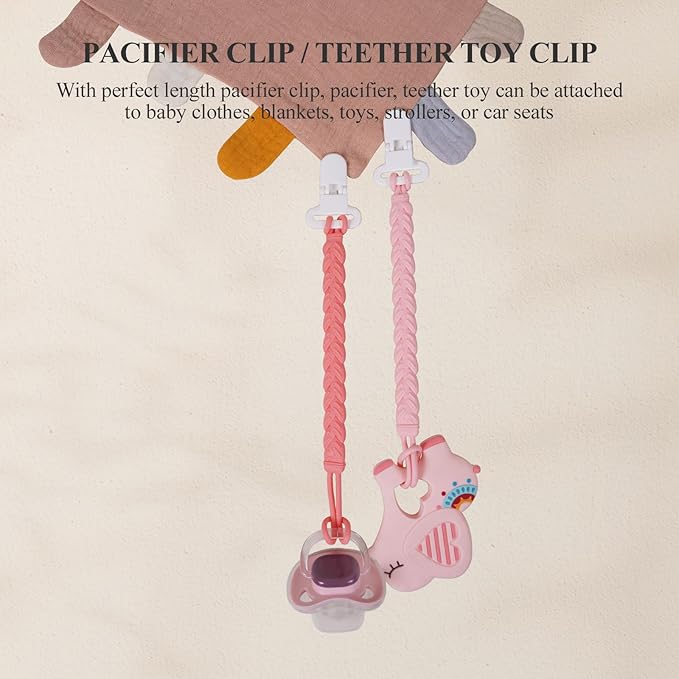 4 Pcs Pink Baby Silicone Teething Pacifier Clip,One-piece Design,Woven Shape,BPA Free.