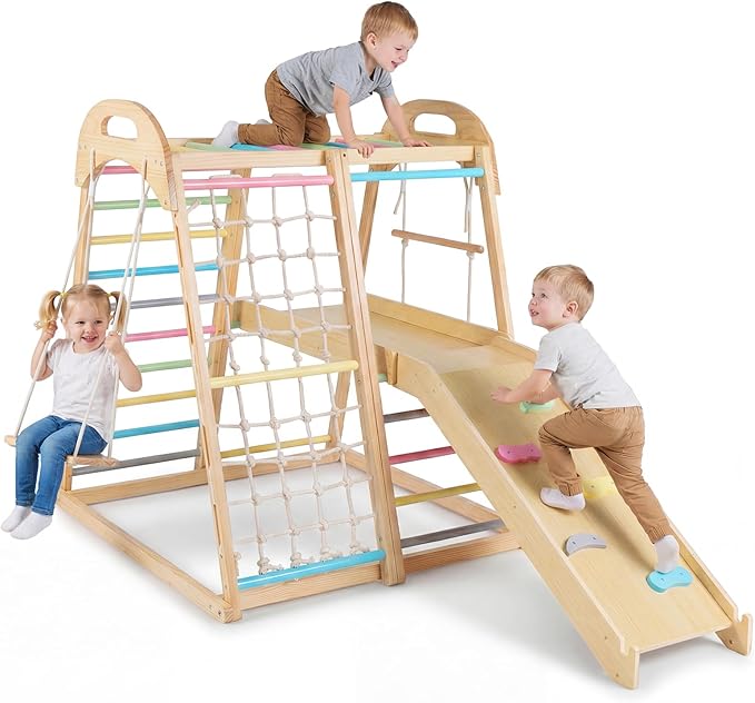 OLAKIDS Indoor Jungle Gym, 8 in 1 Wooden Montessori Toddler Climbing Toys with Adjustable Ramp Swing Slide, Monkey Bar Rope Ladder Waiting Area (Colorful)