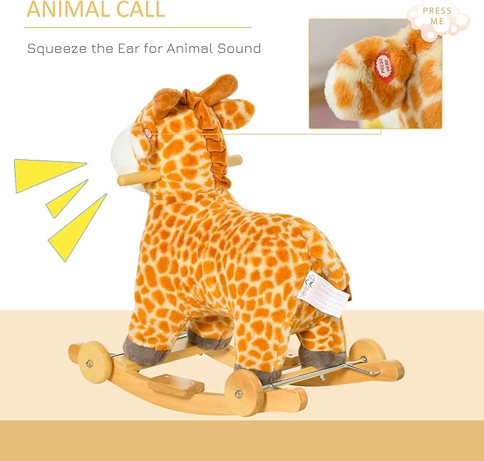 Qaba Rocking Horse, 2 in 1 Kids Ride on Horse, Rolling Giraffe Animal Rocker with Sound, Wooden Base, Pedal, Grip Handle, Plush Riding Pony for 3-6 Years Old, Yellow