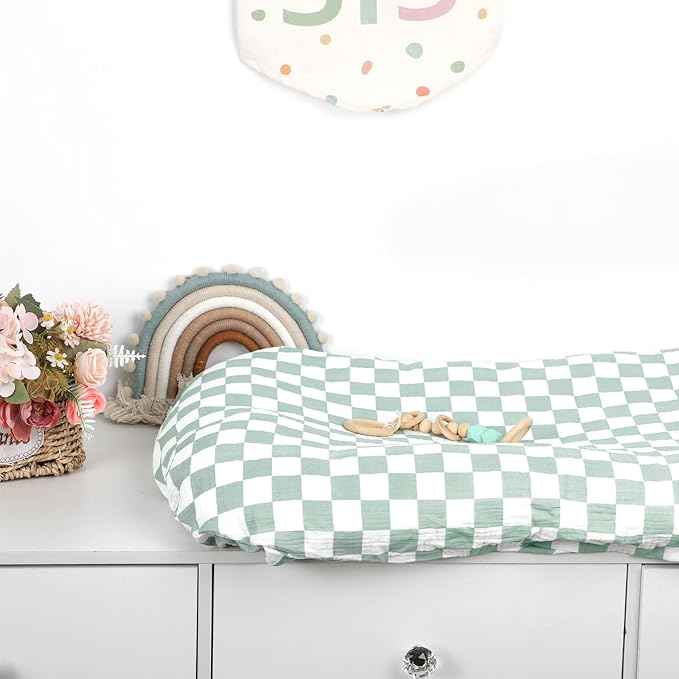 Hooyax Muslin Baby Lounger Cover 2 Pack - 100% Breathable Cotton Soft Infant Lounger Covers, Fits Most Standard Newborn Loungers & Pillows (Green Checker+Leaf)
