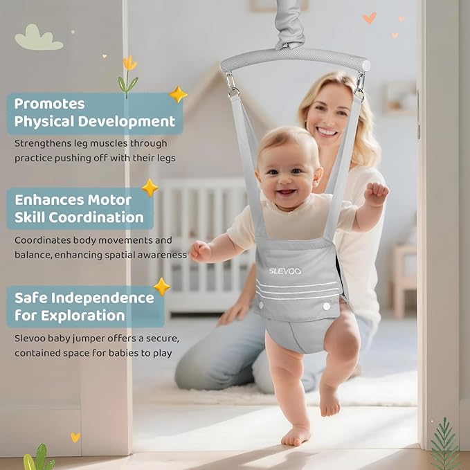 Slevoo Baby Jumper, Baby Doorway Jumper for Babies 6-12 Months, with Easy to Use Clamp and Adjustable Strap, Grey